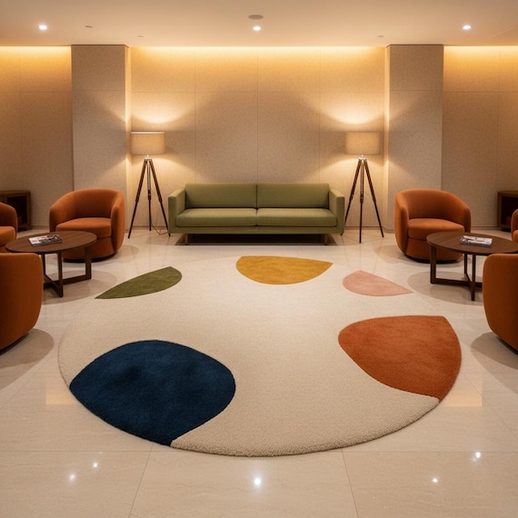 7x7 Mid-Century Abstract Round Rug | Hand-Tufted Wool Circle Carpet | Colorful Organic Shape Area Rug