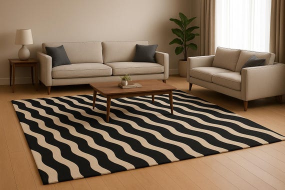 Hand-Tufted Black & Beige Wave Pattern Rug – Contemporary Living Room Carpet | Shaanacarpets