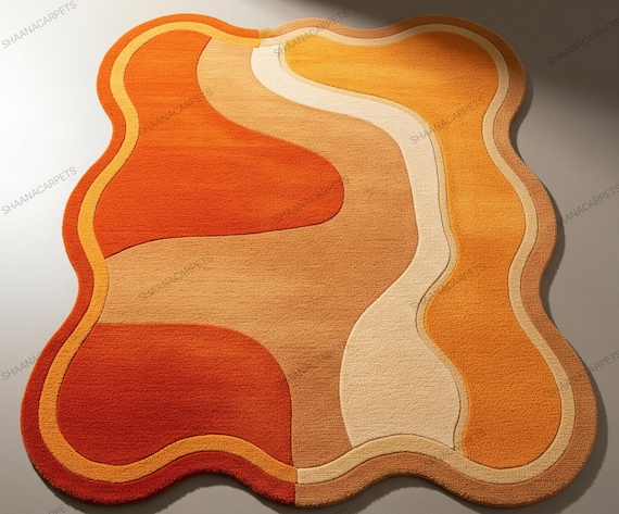 Hand-Tufted modern Wool Rug |Abstract Orange & Cream Wavy Rug | Organic Shape Area Carpet for Living Room| Aesthetic Decor by Shaanacarpets