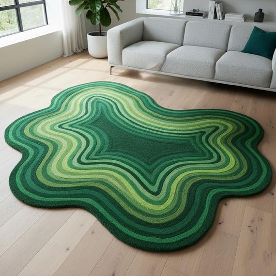 Hand-tufted Wool Psychedelic Wavy Rug, Groovy Abstract Green Area Rug, Irregular Shaped rug, Retro 70s Home Decor,bedroom 4x6 Nursery rug
