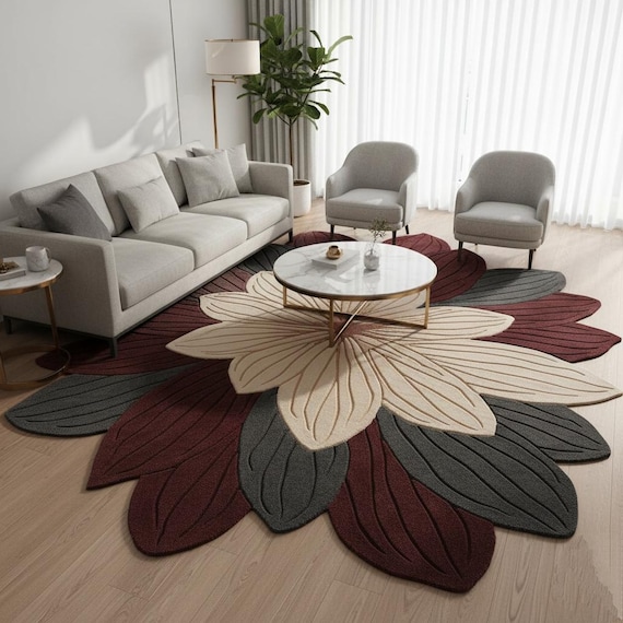 Modern Hand-tufted Wool Flower Shape Rug–Burgundy,Cream & Gray Petal Carpet Unique Floral Pattern for Living Room Rug |Nursery Rug 5x8