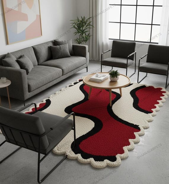Hand-Tufted "Rhythm" Rug: A Modern Statement for Your Home Modern Abstract Rug with Scalloped Edges- Red, White & Black by Shaanacarpets