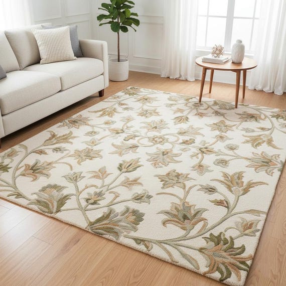 Handmade Floral Cream Area Rug – Elegant Wool Hand-Tufted Carpet for Living Room,Bedroom,Nursery Rug | Shaanacarpets Since 1996..5x7