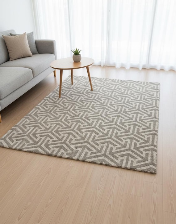 Hand-Tufted Geometric Area Rug | Modern Gray & Cream Patterned Floor Rug| Living Room, Hallway, Entryway Decor | Custom size available