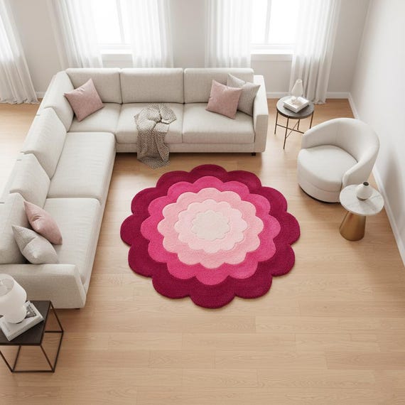 Pink Flower Shaped Rug – Handmade Tufted Wool Carpet, Floral Accent Rug for Living Room, Bedroom or Nursery Décor 4x4