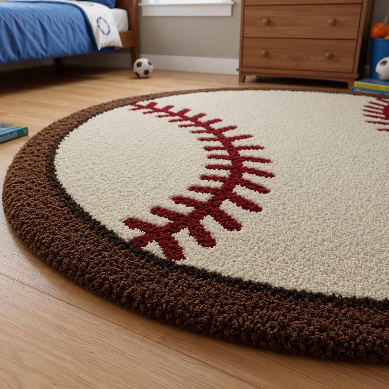 Puede incluir: Una alfombra redonda y texturizada que presenta un centro de color crema con patrones de costuras de b&eacute;isbol en rojo. La alfombra est&aacute; bordeada por un borde grueso de color marr&oacute;n oscuro con textura peluda, creando un dise&ntilde;o circular de b&eacute;isbol.