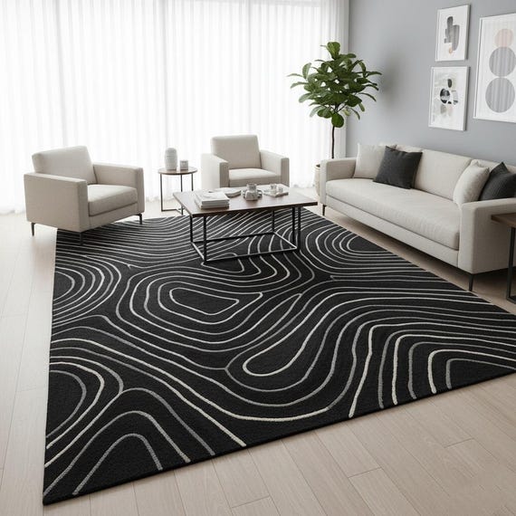 6x9 Modern Black and White Striped Hand-tufted Wool Abstract Line Rug – Contemporary Area Carpet for Living Room