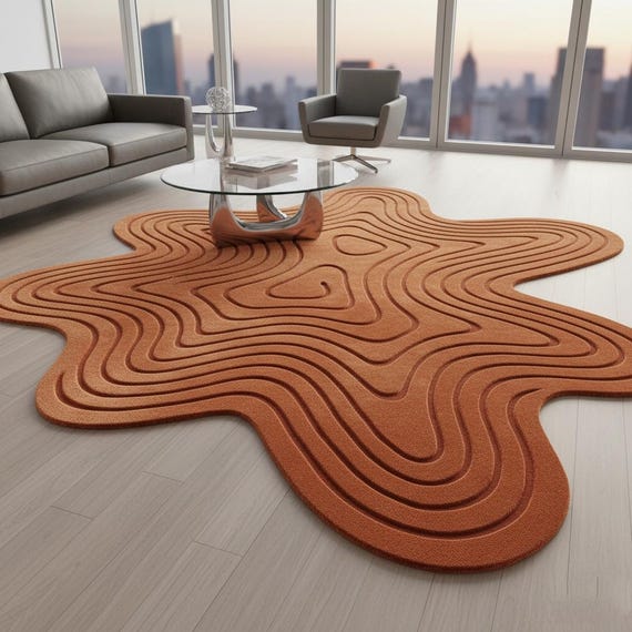 High-Low Pile Wavy Hand-tufted Wool Rug,3D Textured Orange Accent Solid Pattern Rug,Contemporary Art-Inspired Living Room,Lounge Decor 5x8