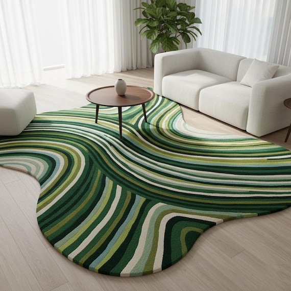 Boho Green Wave Irregular Shape Rug – Abstract Striped Handmade Wool Tufted Carpet for Living Room & Bedroom Decor,Nursery rug 4x7