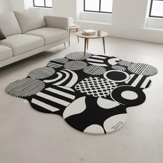4x7 Living Room Hand-tufted Wool Black and White Abstract Accent Rug – Irregular Shape Optical Illusion | Geometric Pattern Accent Rug
