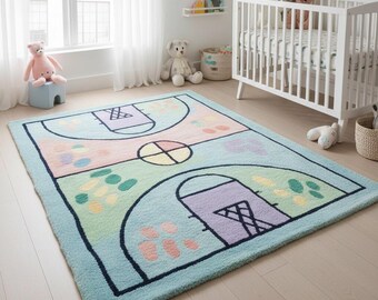 Alfombra de baloncesto de 15 x 23 cm, de lana, tejida a mano. Alfombra infantil en tonos pastel, decoración deportiva para sala de juegos, alfombra de lana suave para habitación infantil.
