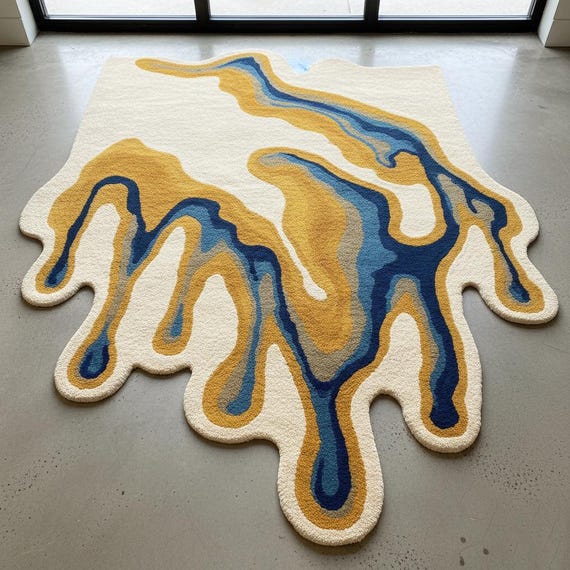 Hand-Tufted Newzealand Wool Irregular Melting Rug - Abstract Liquid Design in Ivory, Yellow & Navy Blue. 5x8