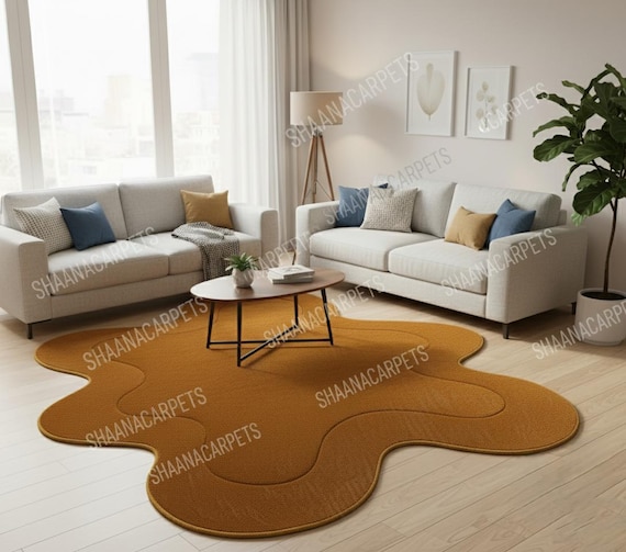 Modern Irregular Shape Hand-Tufted Rug in Mustard Gold | Contemporary Accent Carpet by ShaanaCarpets