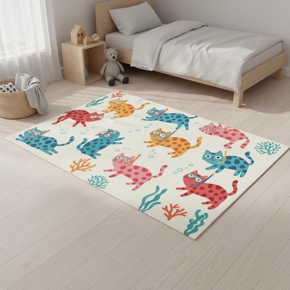 4x7 Cute Cartoon Cat Playroom Underwater Hand-tufted Wool Cats Kids Rug | Ocean Theme Nursery Decor, Fun Animal Rug