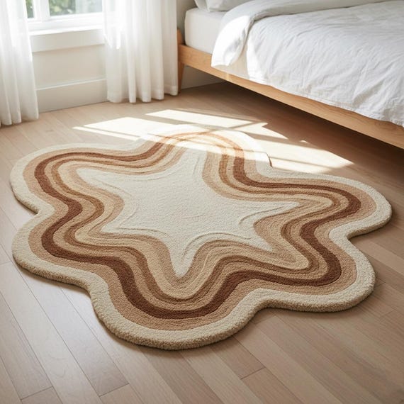 Retro Wavy Hand-tufted Wool Area Rug – Groovy Boho Abstract Carpet in Neutral Earth Tones, Modern Aesthetic Bedroom & Living Room Decor 7x7