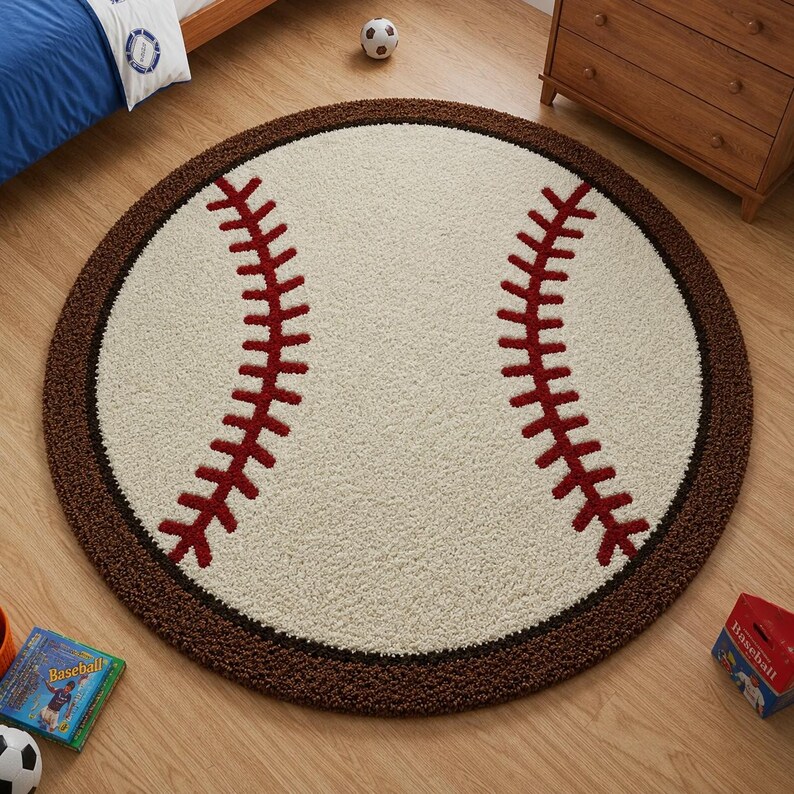 Puede incluir: Una alfombra circular con dise&ntilde;o de pelota de b&eacute;isbol, que presenta un centro color crema, dos patrones de costuras rojas curvas y un borde texturizado de color marr&oacute;n oscuro. La alfombra tiene una construcci&oacute;n de pelo copetudo.