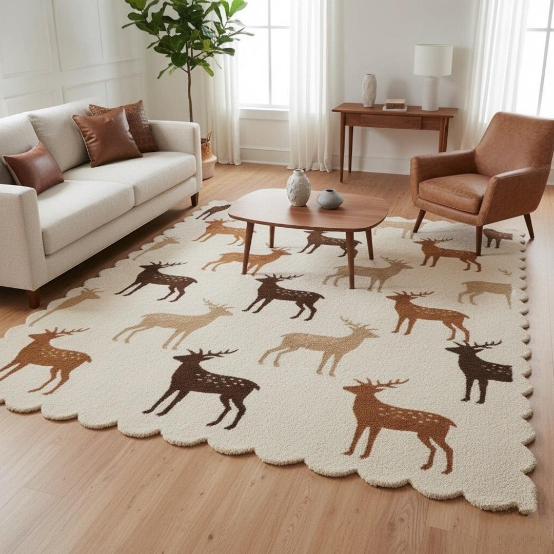 Scandinavian Deer Pattern Wool Rug | Hand-tufted Woodland Animal Carpet ...
