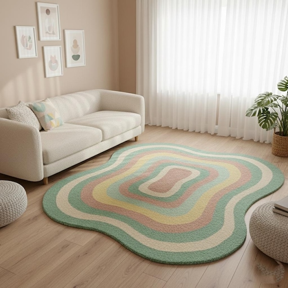 Modern Pastel Irregular Shape Hand Tufted Wool Rug | Abstract Retro Area Carpet for Living Room,Nursery Rug, Bedroom.Unique light Color rug