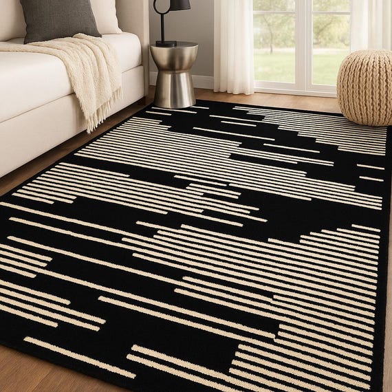 6x9 Abstract Striped Black and Beige Hand-tufted Wool Rug For Living Room | Mid-Century Modern Rug for Bedroom 4x6.6x9.7x10