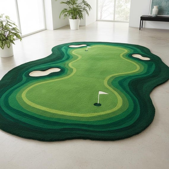 Golf Course Design Hand-Tufted Wool Unique Green Putting Rug 5x8 Shaanacarpets Since 1996 living room,Bedroom,kids room rug
