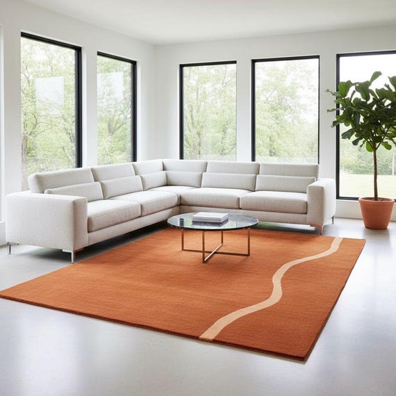 6x9 Modern Terracotta Creame Beige Hand-tufted Wool Area Rug with Minimal Wavy Line – Contemporary Rug for Living Room Decor 4x7.6x8.7x10