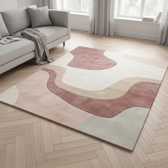Boho Abstract Hand-tufted Wool 6x9 Rug – Modern Wave Pattern Carpet in Pink & Beige, Soft Minimalist Area Rug for Living Room,Bedroom Decor