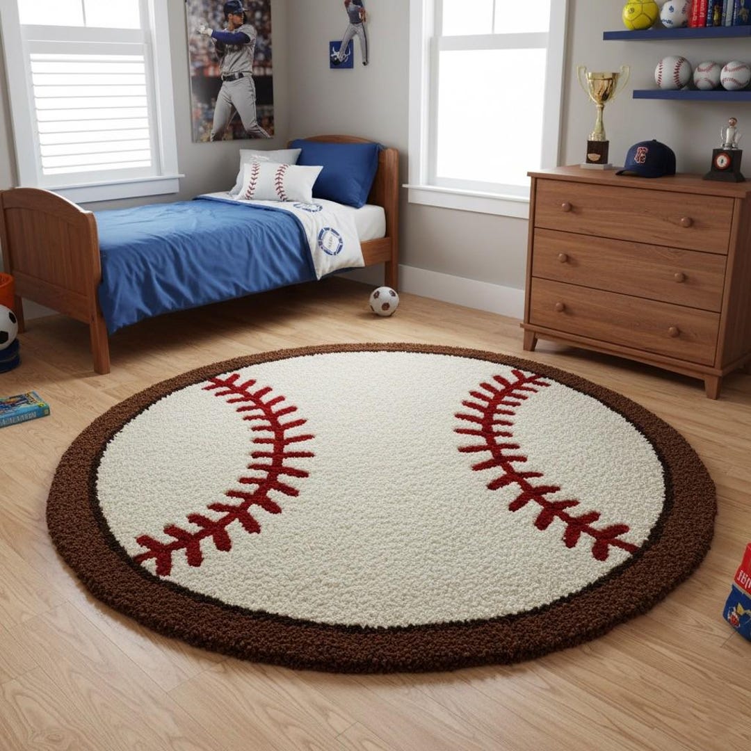 Round Baseball Hand Tufted Rug - Sports Theme Childrens Play Carpet for ...