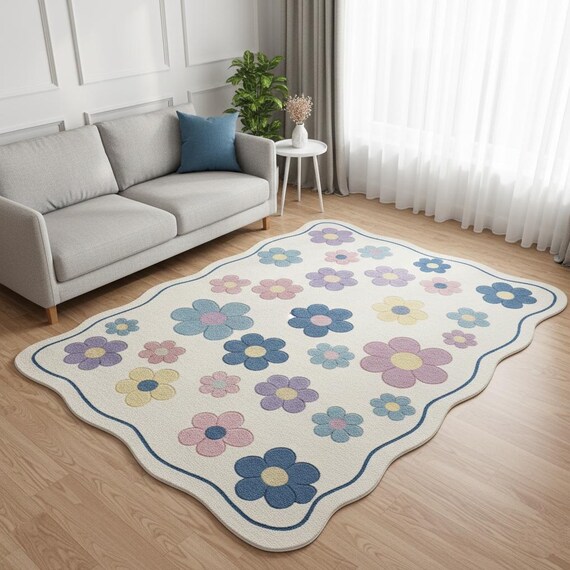 4x6 Whimsical Wavy Edge In Bloom Floral Scalloped Rug | Hand-tufted Wool Pastel Botanical Cottagecore Area Rug