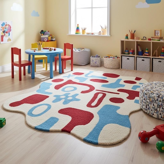 Playful Abstract Kids Rug – Whimsical Red & Blue Area Carpet Soft Hand-tufted Wool Feel Irregular Wavy Design for Nursery or Playroom 5x7