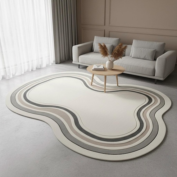 5x7 Irregular Curvy Shape Abstract Wavy Cream Neutral Tones Hand-tufted Wool Rug | Minimalist Living Room Accent Rug 3x5.4x6.6x9