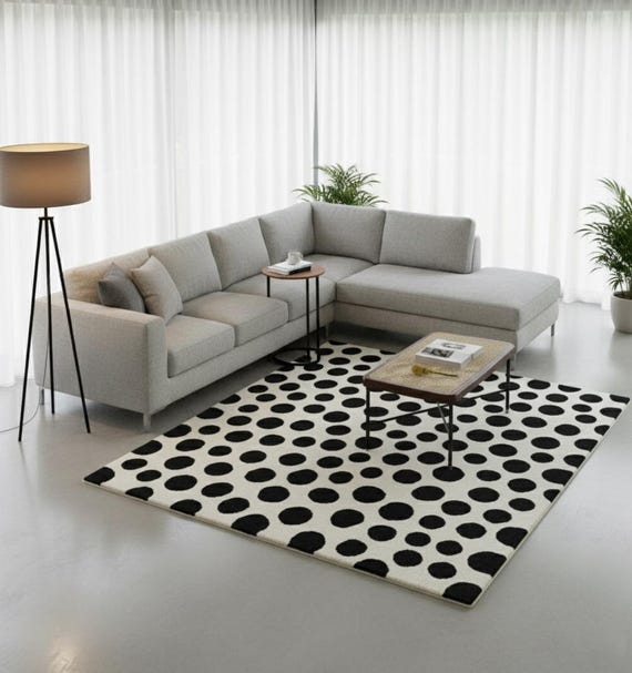 Modern Black and White Polka Dot Rug 6x9 – Minimalist Geometric Area Carpet for Living Room & Bedroom 5x7.5x8.7x10