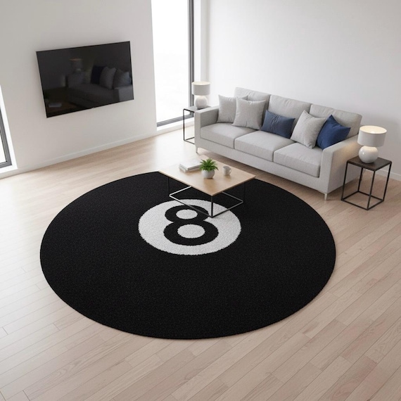 3x3 Unique 8 Ball Round Rug – Black and White Hand-tufted Wool Circle Carpet for Game Room, Living Room, or Man Cave Decor