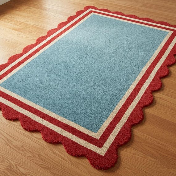 4x6 Retro Scalloped Edge Rug – Hand-Tufted Wool Blue and Red, Playful Wavy Border Area Rug for Living Room or Bedroom Decor