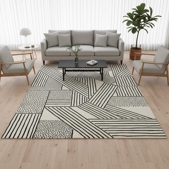 Boho Geometric Black and White Hand-tufted Wool Rug 6x9 For Living Room | Abstract Mid-Century Modern Rug for Bedroom | Striped Area Rug