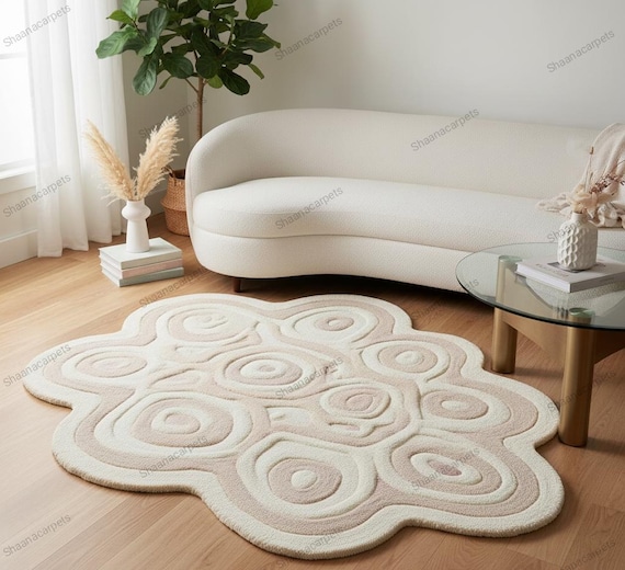 Hand-Tufted Wool Abstract Rug | Irregular Shape, Swirling Pattern,Off-White-Blush Pink | Modern Boho Living Room & Bedroom Decor