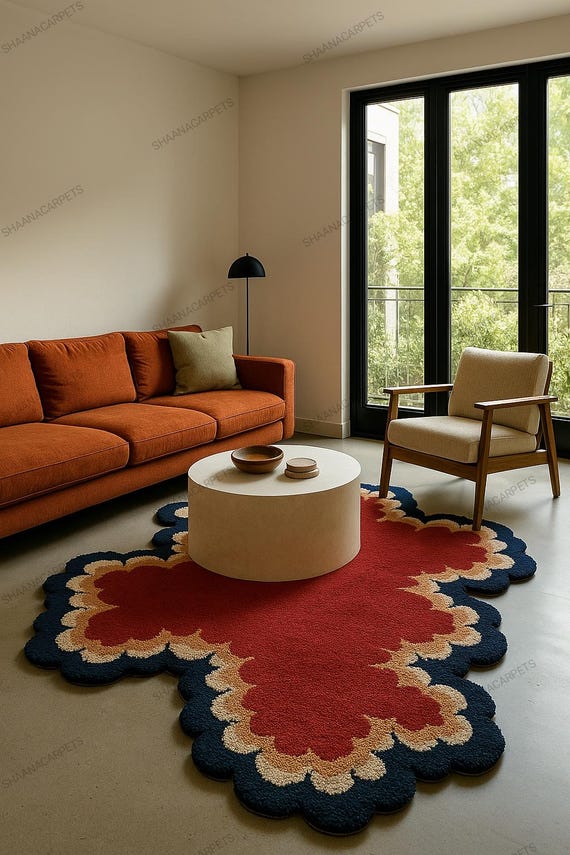 Hand-Tufted Irregular Rug with Scalloped Edges – Red, Navy & Beige Modern Statement Carpet