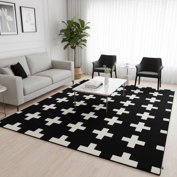 6x9 Modern Black and White Cross Pattern Rug – Scandinavian Minimalist Hand-Tufted Wool Carpet for Living Room Decor 5x7.5x8.7x10