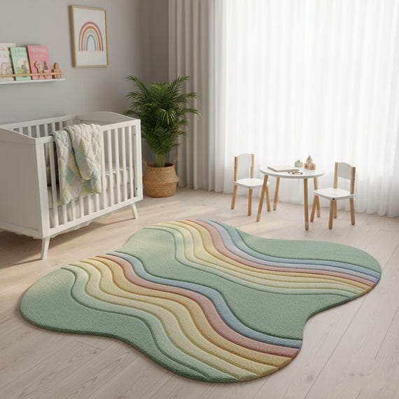 Modern Rainbow Wave Irregular Kids Rug – Soft Pastel Hand-Tufted Wool Carpet for Nursery, Playroom & Living Room | Shaanacarpets 4x6