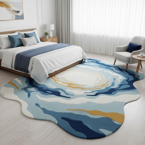 Boho Abstract Rug–Wavy Blue-Gold Irregular Area Rug, |Bedroom,Living Room,Lounge Unique Hand-Tufted Wool Modern Floor Rug 5x7