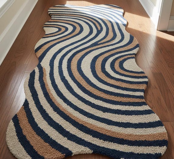 3x12 Modern Blue Tan Beige Irregular Shape Contour Line Runner Hand-tufted Wool Organic Wavy Runner Rug | 70s Groovy Hallway Runner Rug