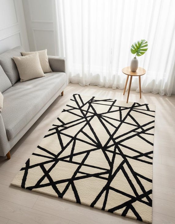 Abstract Geometric Hand-Tufted Rug | Modern Black & White Patterned Area Rug | Living Room, Bedroom, Hallway Decor | Custom sizes