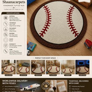 Puede incluir: Una alfombra redonda tejida a mano con dise&ntilde;o de pelota de b&eacute;isbol, que presenta un centro color crema, detalles de costuras rojas y un borde marr&oacute;n oscuro. La alfombra tiene una altura de pelo de 18-20 mm y base de lona de algod&oacute;n antideslizante.