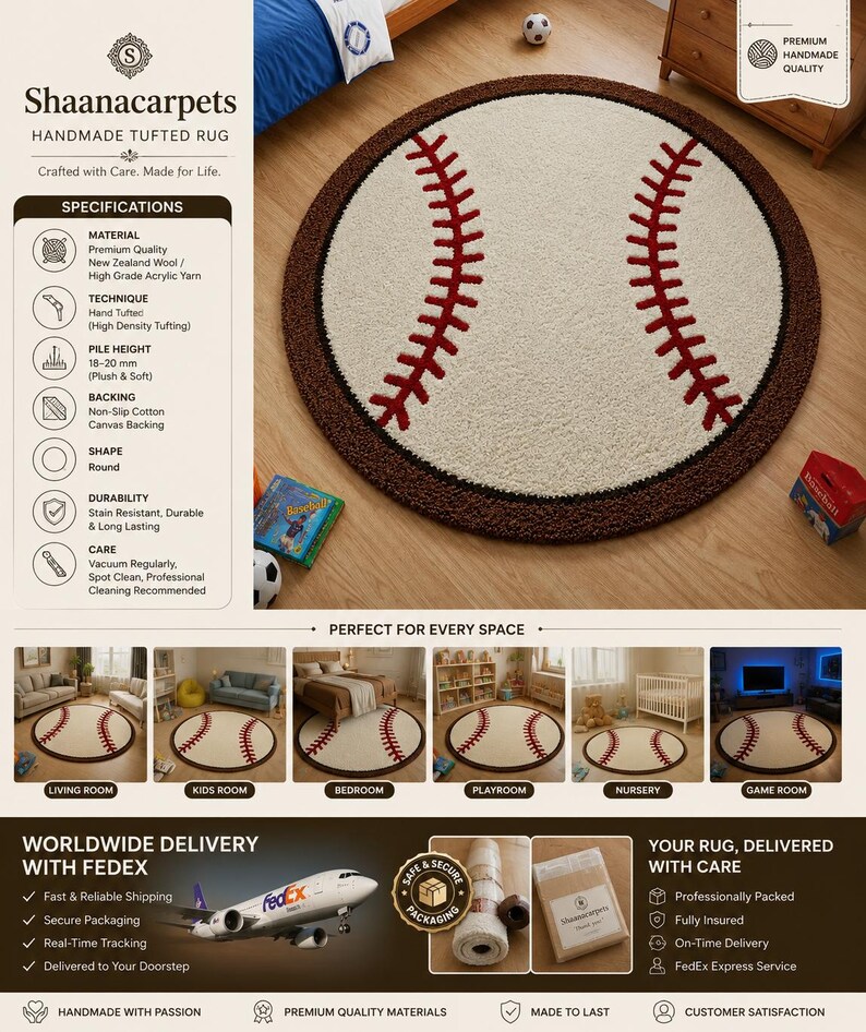 Puede incluir: Una alfombra redonda tejida a mano con dise&ntilde;o de pelota de b&eacute;isbol, que presenta un centro color crema, detalles de costuras rojas y un borde marr&oacute;n oscuro. La alfombra tiene una altura de pelo de 18-20 mm y base de lona de algod&oacute;n antideslizante.