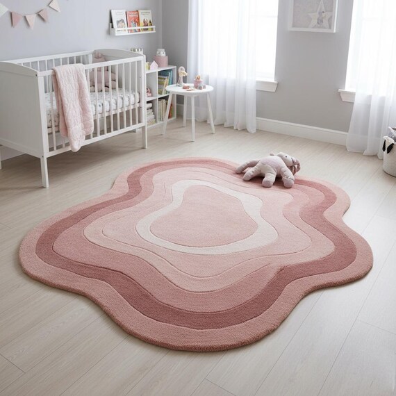 Hand-Tufted Wool Pink Irregular Shape Rug | Modern Layered Wave Pattern | Custom Size & Color Kids Nursery Rug by Shaanacarpets 5x7