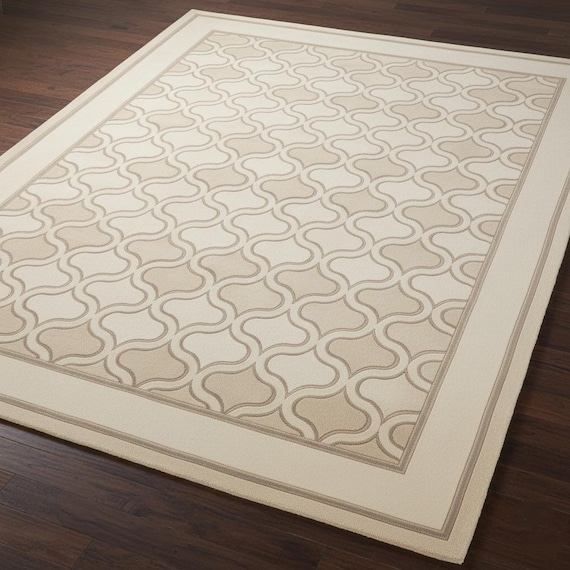 6x9 Living Room Hand-tufted Wool Elegant Beige Cream & Taupe Waves Geometric Pattern Rug – Modern Minimalist Area , Soft Neutral Rug