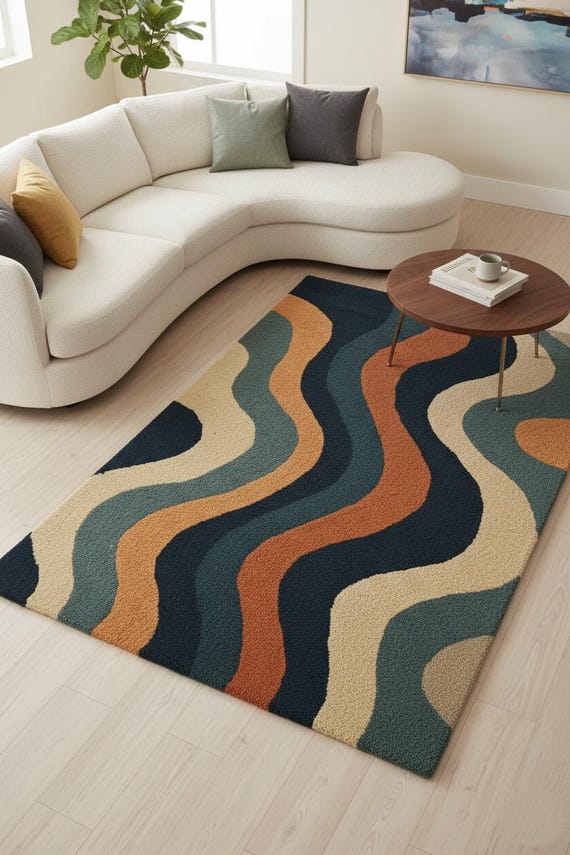 Retro Wavy Hand-tufted Wool Area Rug – Modern Geometric Carpet with Bold Earth Tone Stripes – Mid Century Living Room Decor 6x9