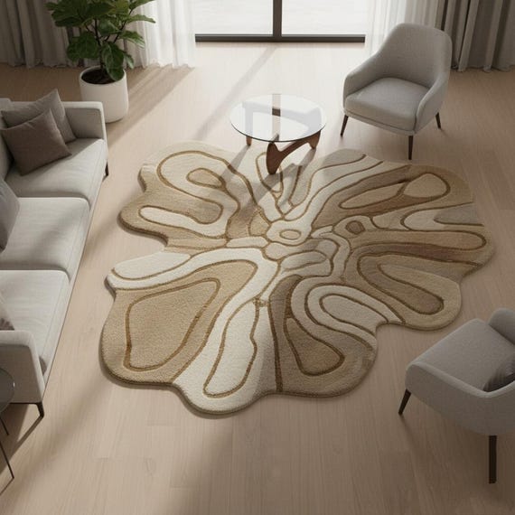 Modern Abstract Hand-tufted Wool Wavy Area Rug – Neutral Beige & Cream Organic Shape Carpet for Living Room,Bedroom,Hall,Dorm 6x6