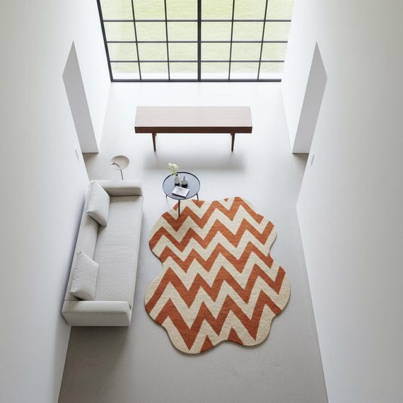 Amoeba Shape Zig-Zag Hand–Tufted Wool Irregular Shape Carpet | Mid-Century Rugs For Gifts Modern Living Room ,Nursery Handmade Rug 5x7