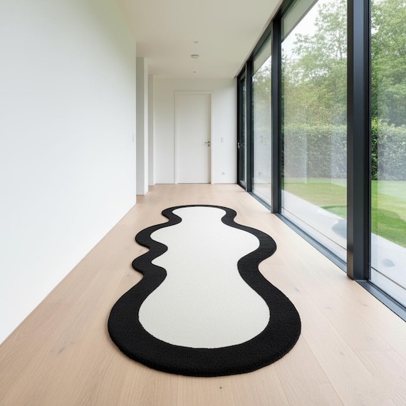 2.5x8 Black & White Unique,Hand-tufted Wool Irregular Organic Freeform Shaped Hallway Runner Contemporary Abstract Runner Rug