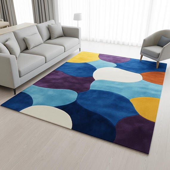 Bold Blue, Yellow & Purple Abstract Hand-tufted Wool Color Block 5x8 Rug – Geometric Carpet for Living Room,Contemporary Art Inspired Rug